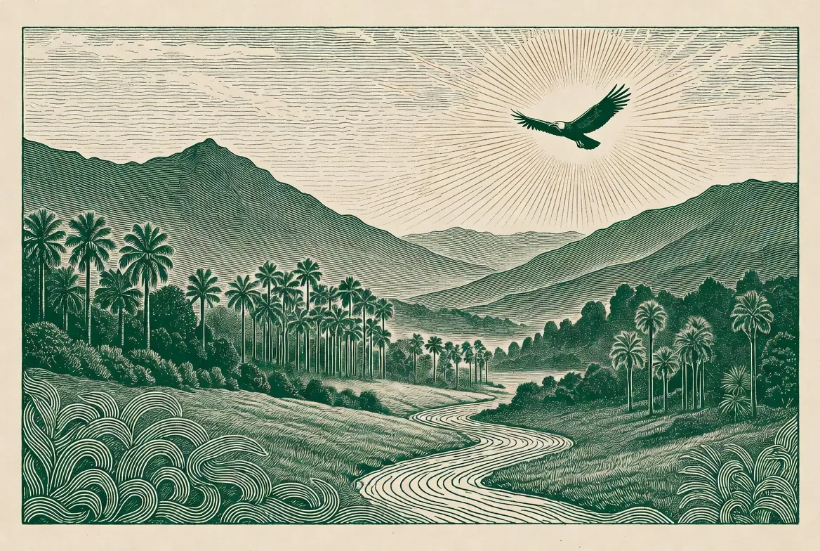 Valle andino colombiano con palmas de cera y un cóndor, ilustración estilo grabado de billete — DineroClick